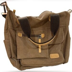 Vintage brown rugged canvas multi pocket messenger tote bag